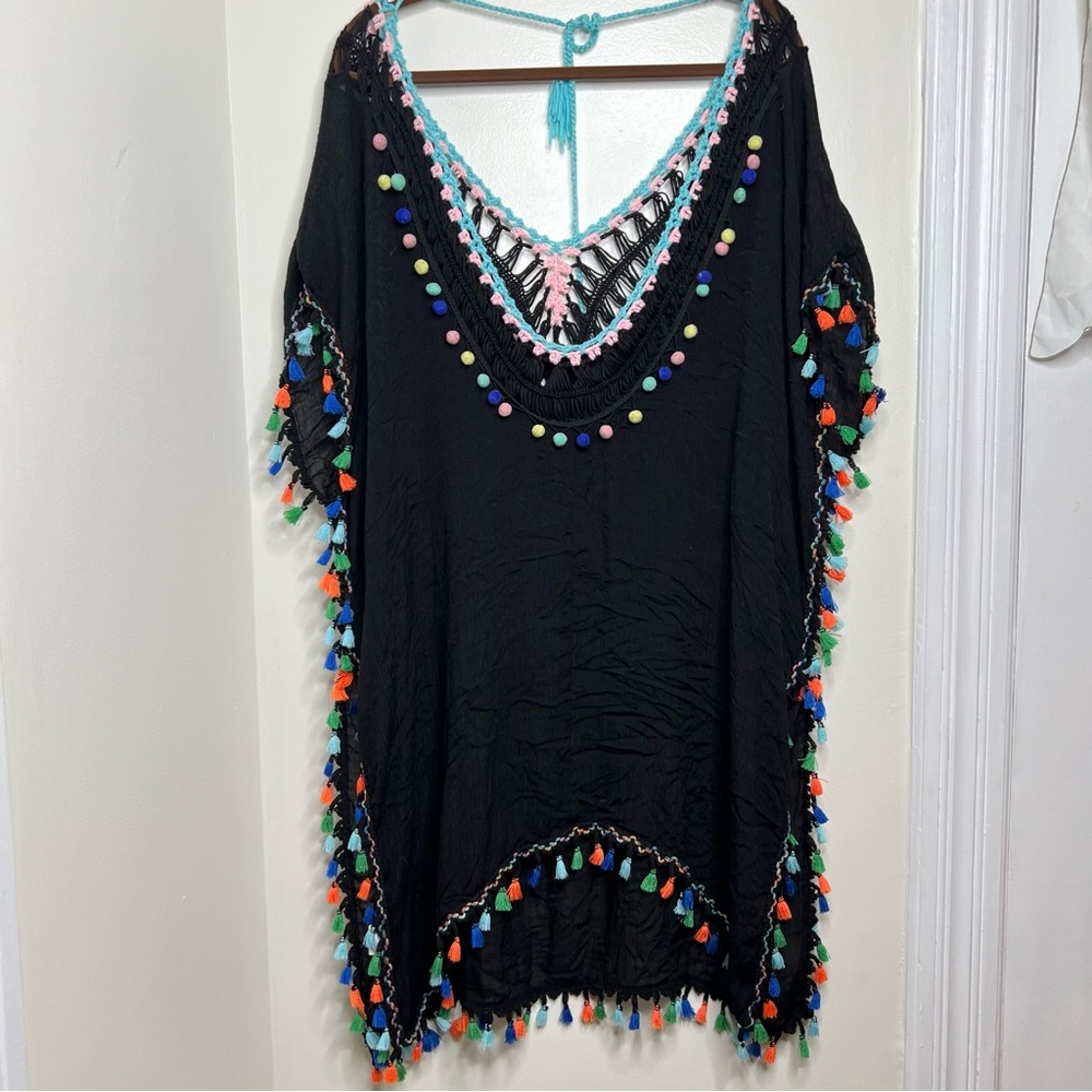 Black Swimsuit Beach Pool Cover Up Colorful Pom poms Tassels One Size Vacay